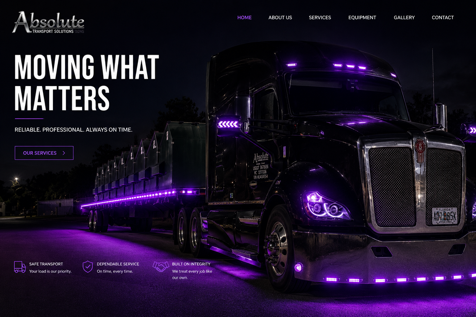 Absolut Logistics truck with purple lights at night